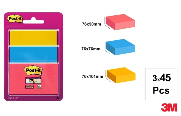 POST-IT NOTES SUPER STICKY 3 BLOCOS x 45