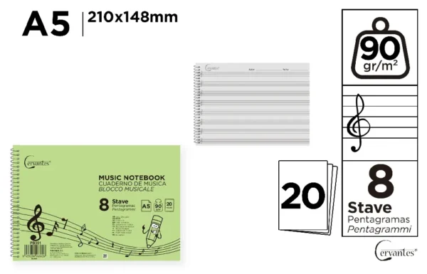 CADERNO DE MÚSICA 8 PAUTAS A5 CERVANTES.