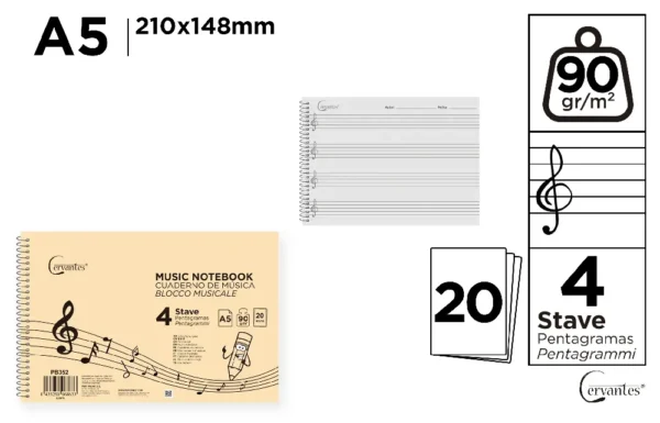 CADERNO DE MÚSICA 4 PAUTAS A5 CERVANTES.