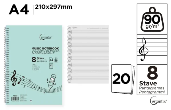 CADERNO DE MÚSICA 8 PAUTAS A4 CERVANTES.