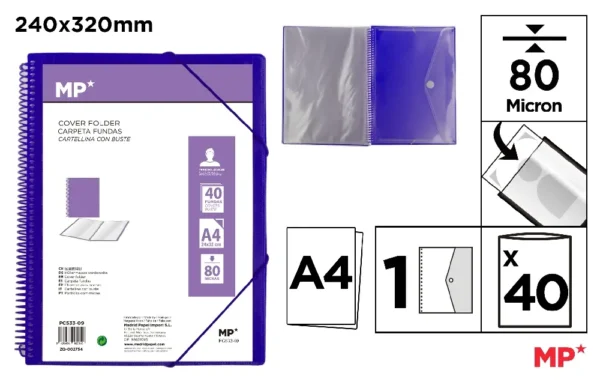 PASTA 40 BOLSOS A4 COM ESPIRAL ROXO TRAN