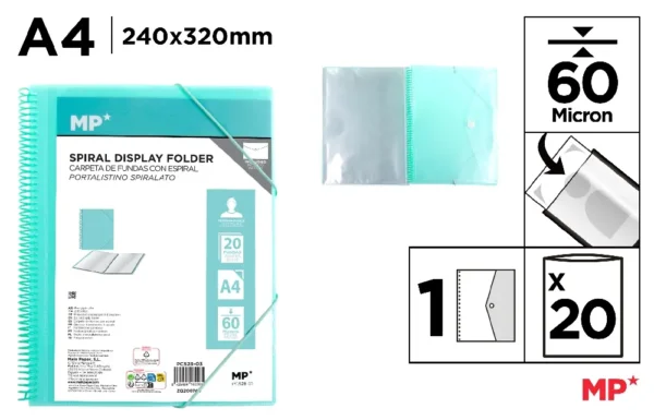 PASTA 20 BOLSOS A4 COM ESPIRAL E BORRACH