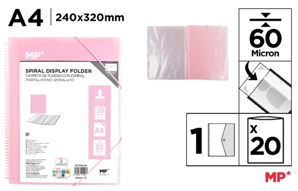 PASTA 20 BOLSOS A4 COM ESPIRAL ROSA E CO