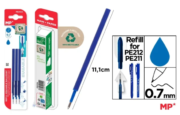 RECARGA PARA CANETA AZUL APAGÁVEL 3 Pcs.