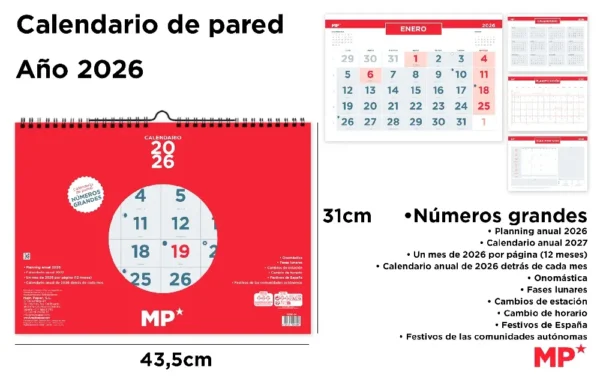 CALENDÁRIO DE PAREDE 31 x 43,5 cm 2026.