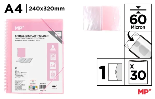 PASTA 30 BOLSOS A4 COM ESPIRAL ROSA E CO